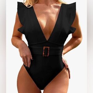 Avanoya Women’s Ruffle sleeve deep v-neck black belted one piece swimsuit NWT